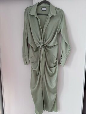 Runaway Sage Green Midi Satin Tie-Front Dress